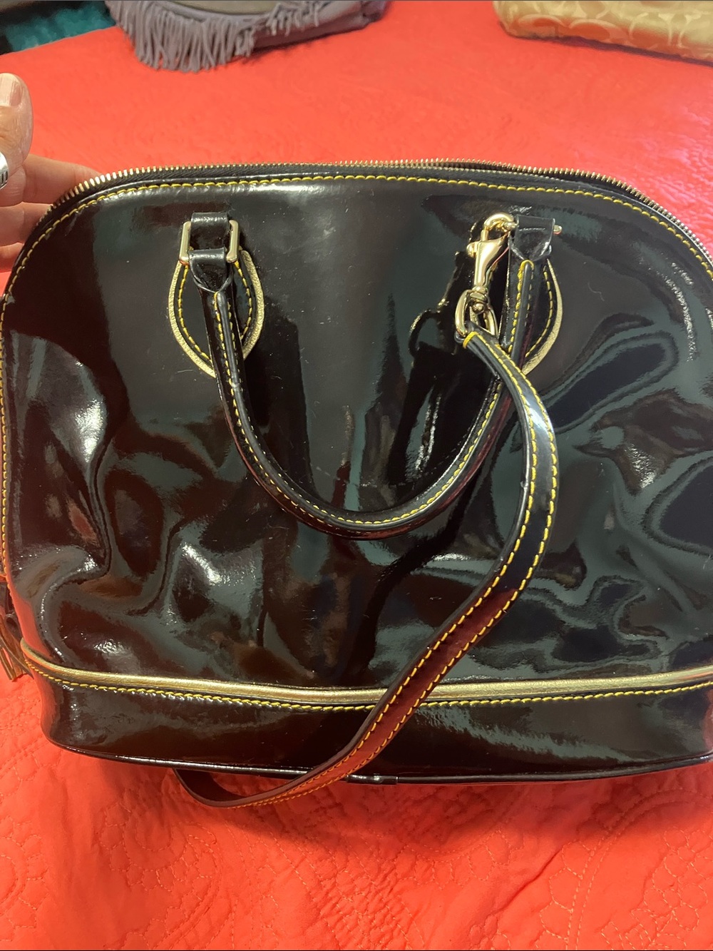 Dooney & Bourke Black Patent Satchel with Gold Hardware - Picture 3 of 6